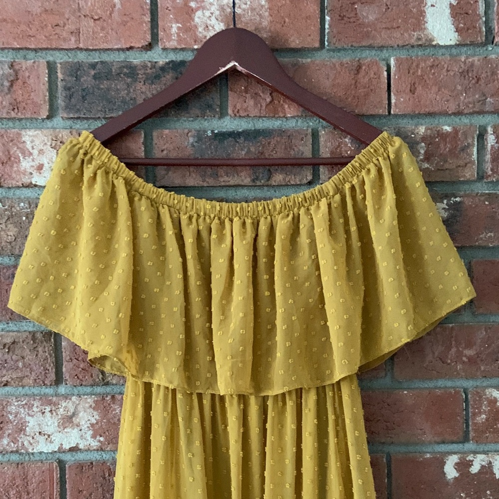 Baltic Born Elegant Mustard Off-Shoulder Swiss Dot Maxi Dress - Picture 4 of 7
